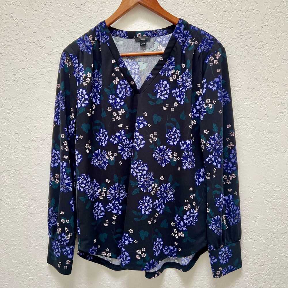 ANN TAYLOR FACTORY Petite Womens Black Floral Print Long Sleeve V Neck Blouse LP